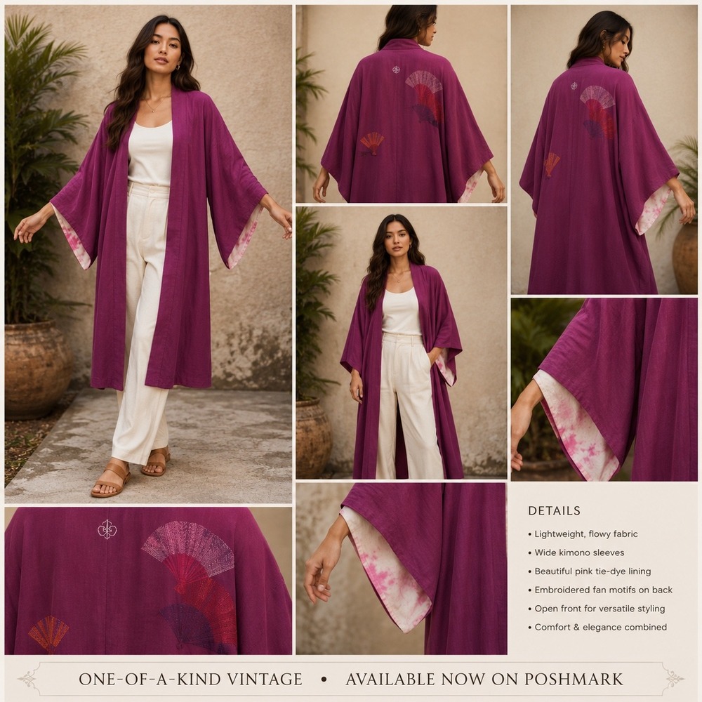 Vintage Purple Silk Haori Kimono Robe Embroidered Fan Motif Pink Tie Dye Lining